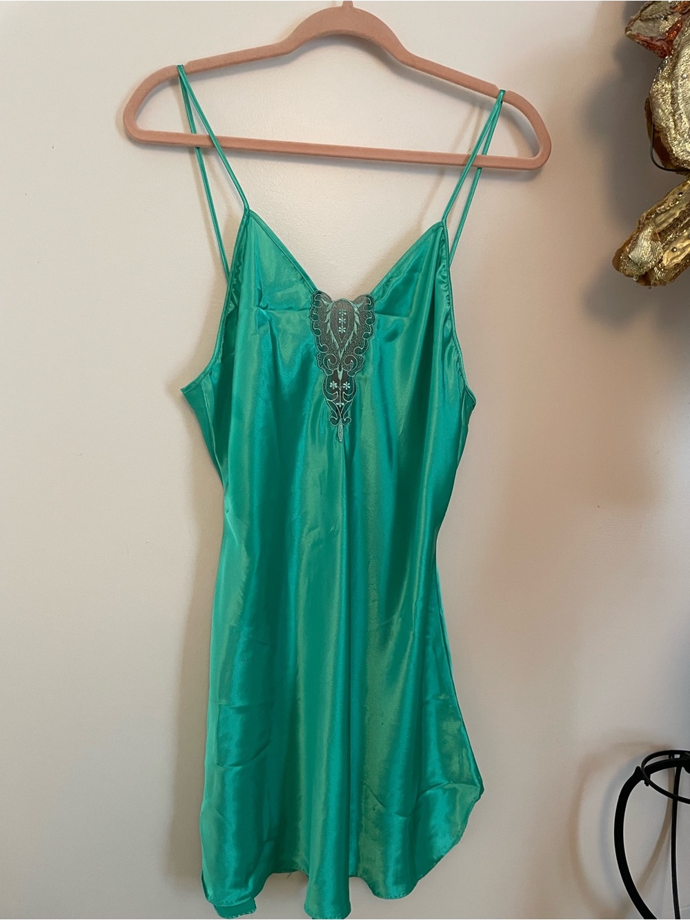 Beth Michaels Emerald Green Satin Slip with Embroidered Label 1980s